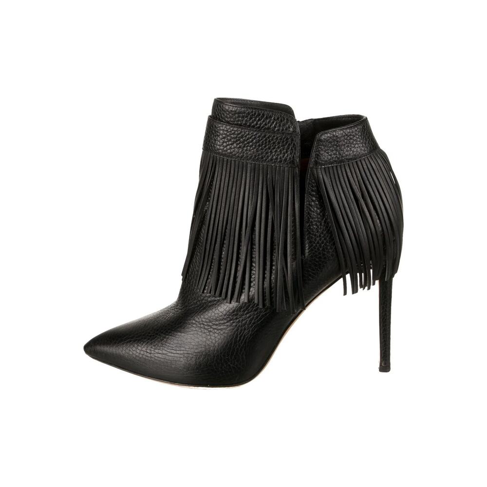 Valentino Garavani Rockee Side Zip Stiletto Fringe Booties Black Leather 37.5